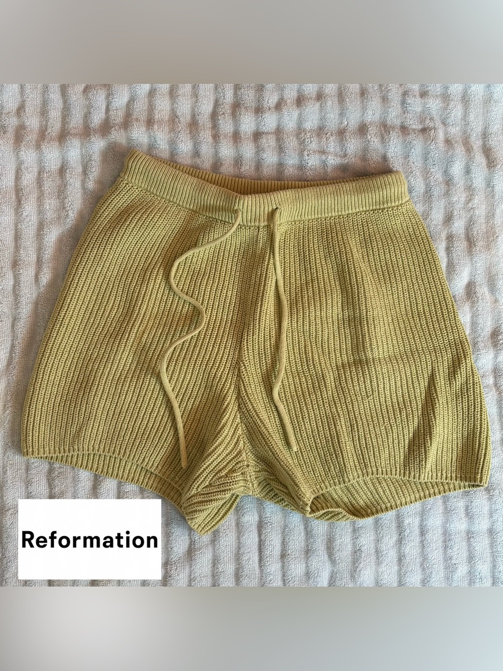 Reformation Knit High-Waist Drawstring Shorts in Light Green